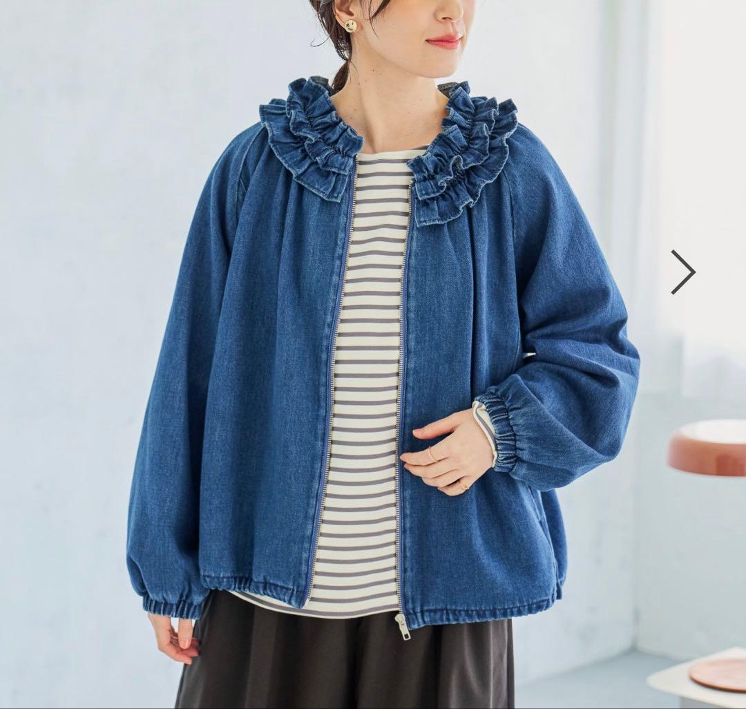 スタディオクリップ フリルカラー甘織りデニムシャツブルゾン　ブルー　フリー
