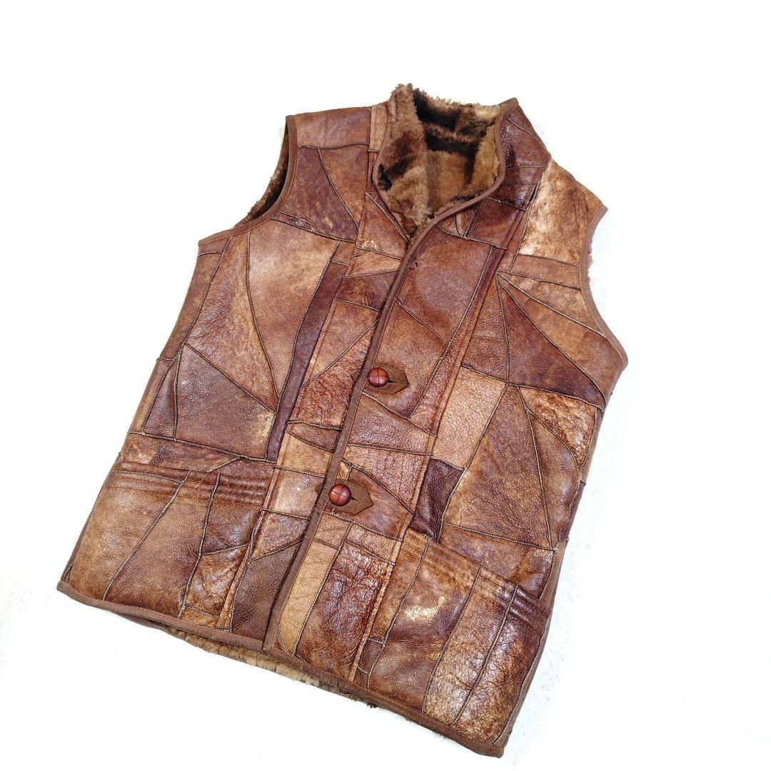 シープスキン 内ボア パッチワーク ベスト くるみボタン ヴィンテージ Lサイズ