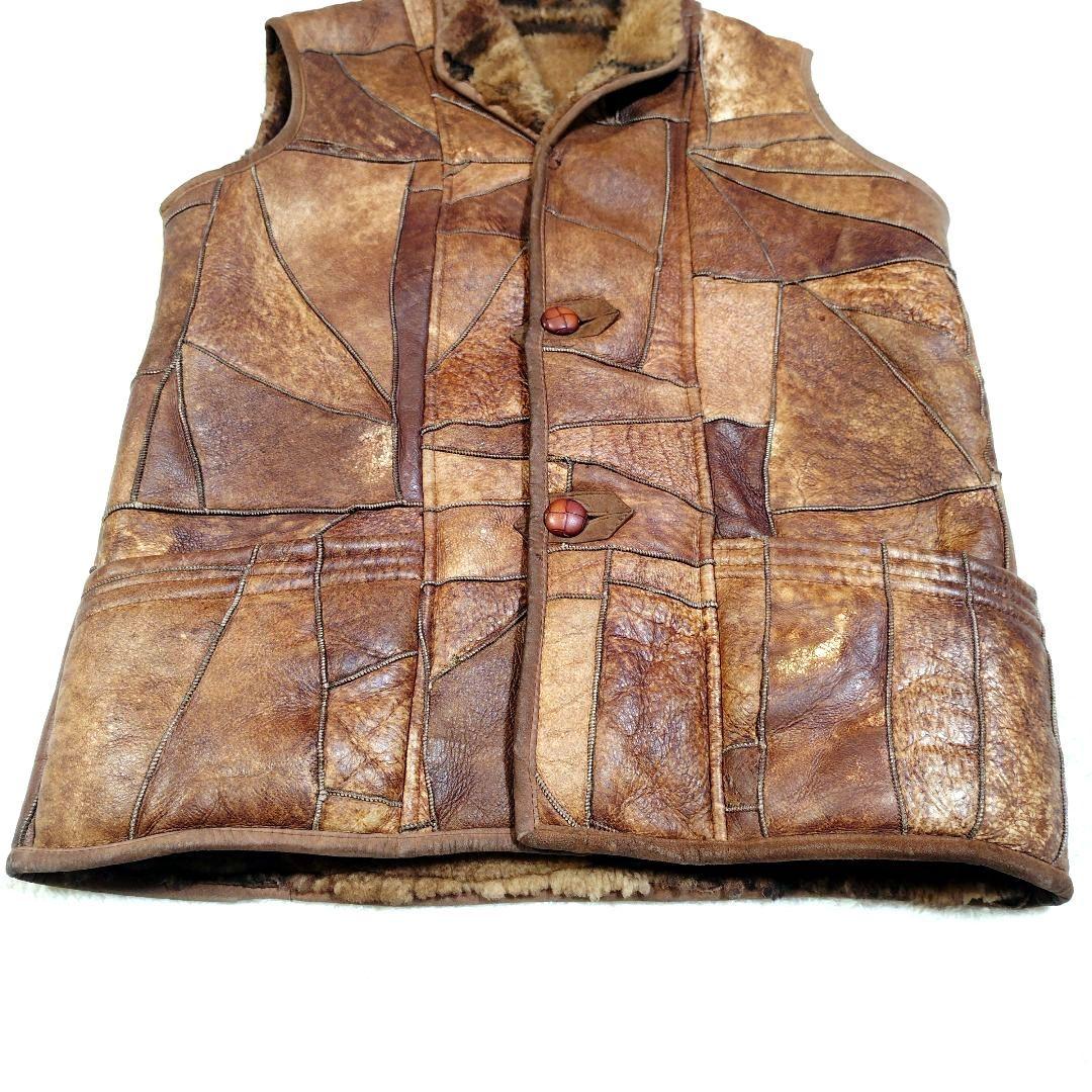 シープスキン 内ボア パッチワーク ベスト くるみボタン ヴィンテージ Lサイズ
