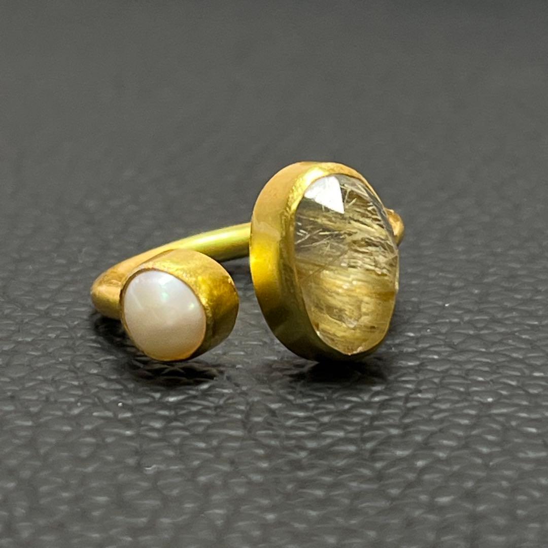 silver925 18kgp オープンリング〈ゴールドルチル、パール〉　指輪