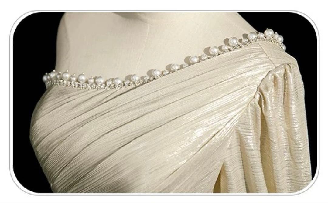 光沢感ある生地にパールが美しい ワンショル イブニングドレス