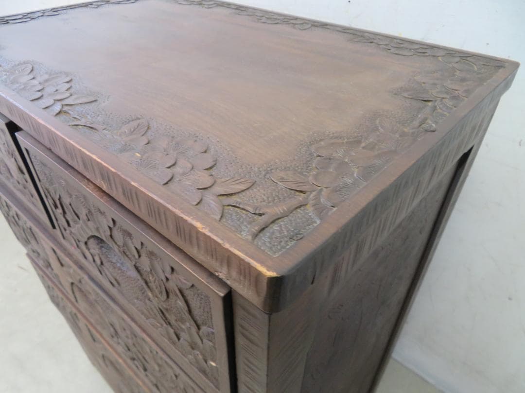 軽井沢彫■整理箪笥■4段5杯■チェスト■伝統工芸■高級■桜吉野柄■彫刻■手彫り■