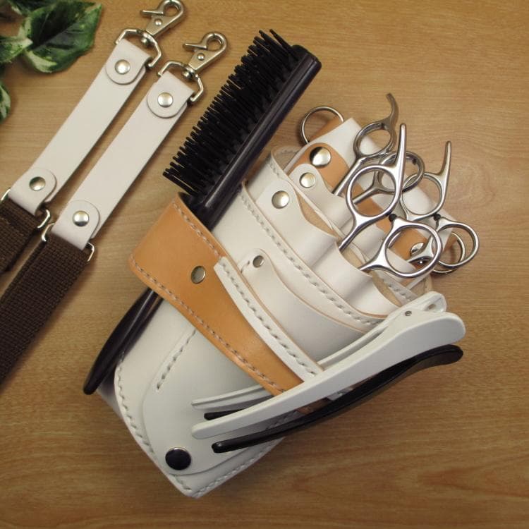 ホワイト＆うす茶色　６丁差し　本革シザーケース　SCA-151/CWB