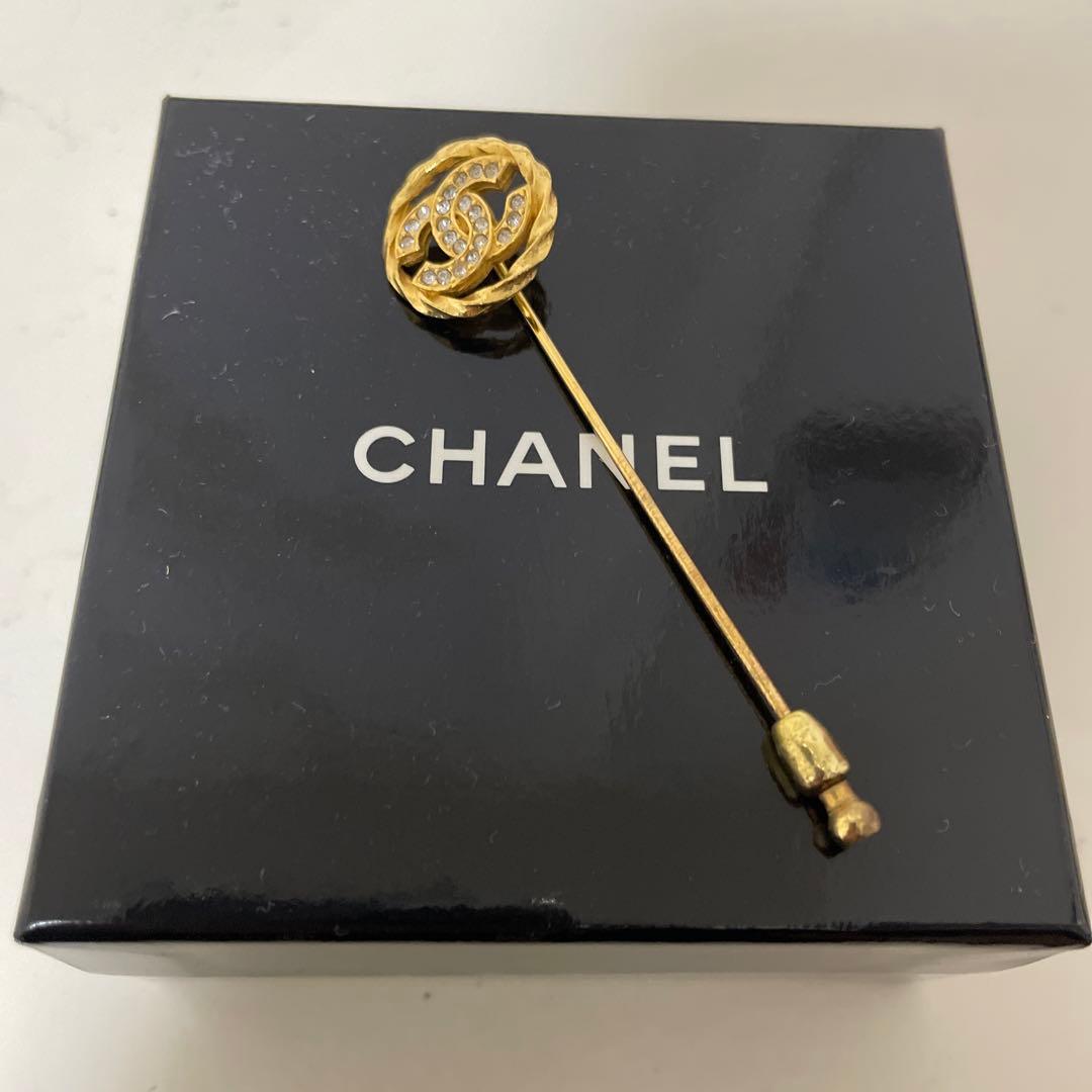 ヴィンテージ　シャネル　ピンブローチ　ラインストーン　ココマーク　ゴールドメッキ