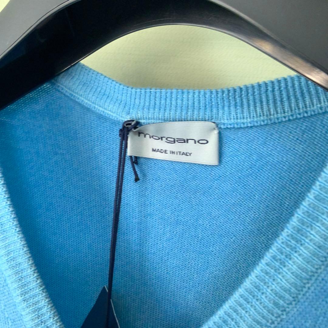 新品MORGANOモルガーノ ウールVネックニット50 ブルー イタリア製