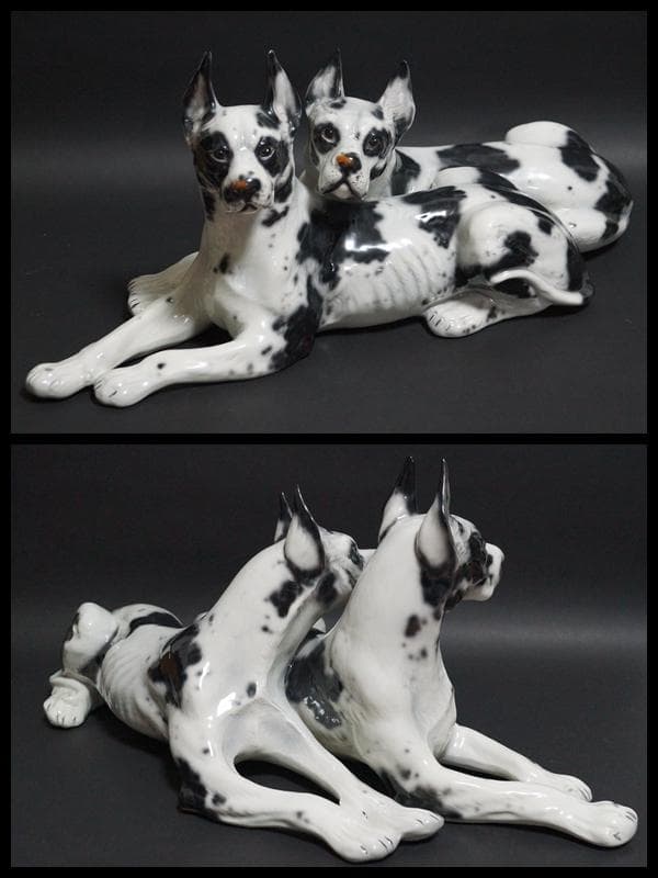 イタリア製Ceramiche Ronzan大型可愛らしい2匹グレート デーン置物