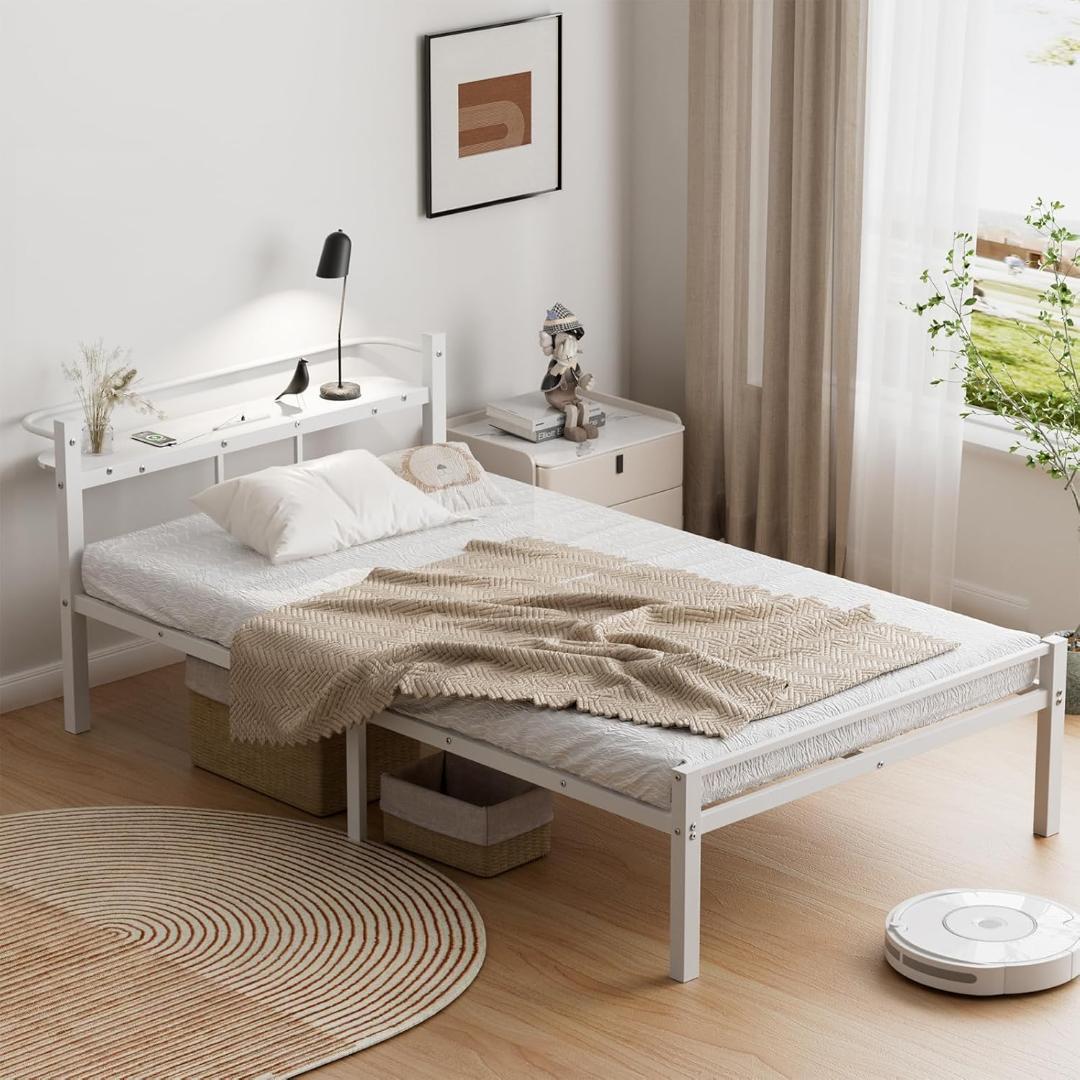 ベッドフレーム シングル 白 ホワイト 宮棚 2口コンセント