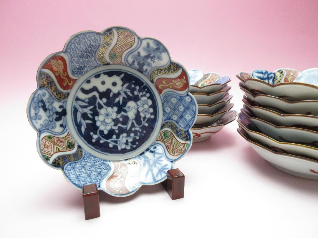 松竹梅 花鳥紋 祥瑞手風 小皿12枚 レトロ アンティーク MOR70627