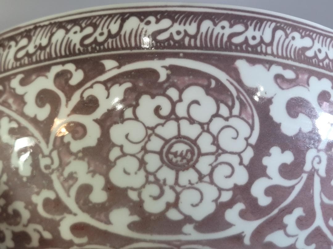 中国美術 釉裏紅 纏枝蓮花 双魚紋 大碗 DT471