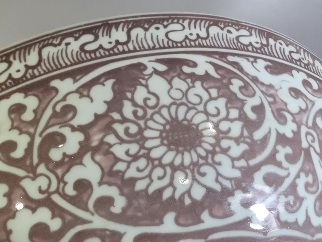 中国美術 釉裏紅 纏枝蓮花 双魚紋 大碗 DT471