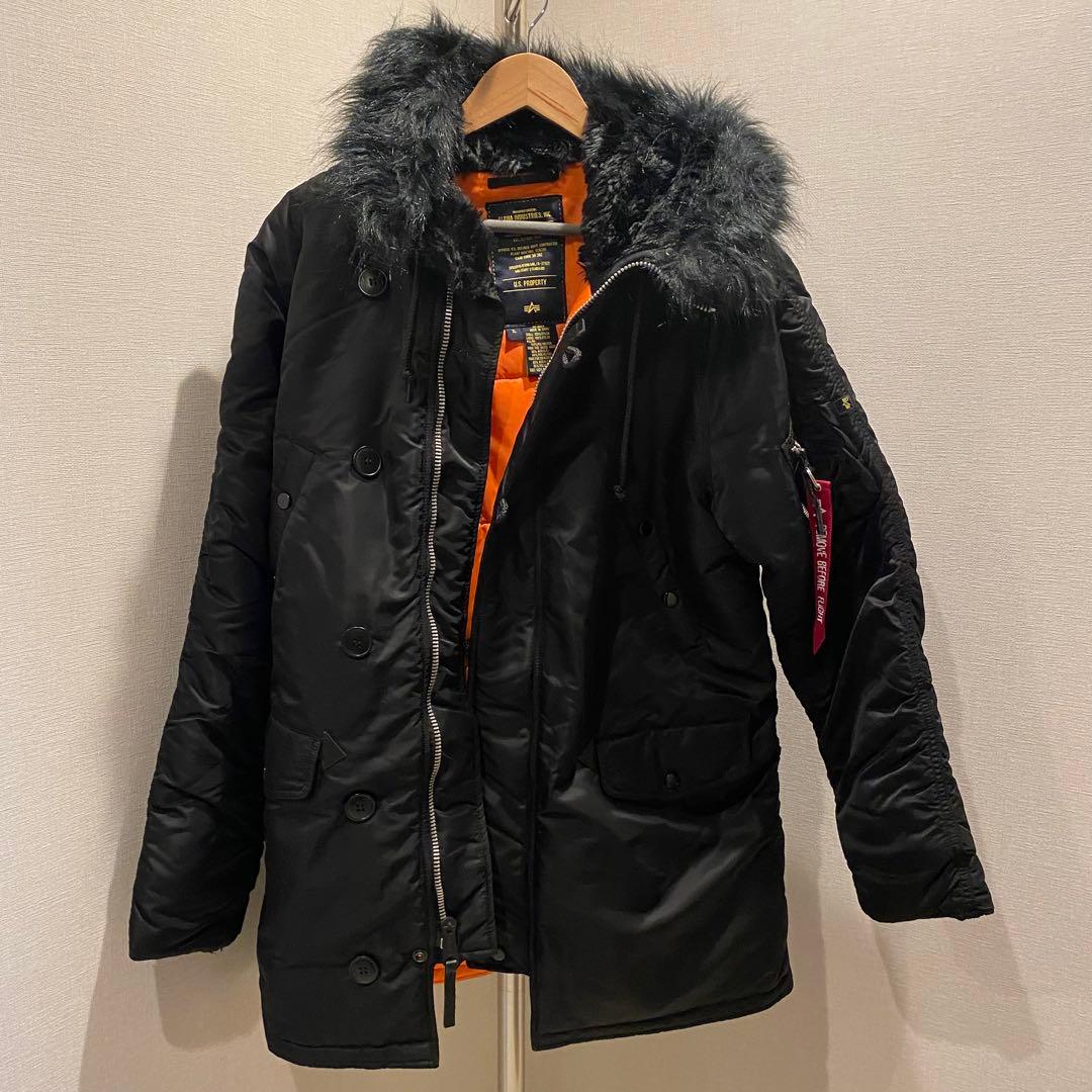 alpha ファー付きフード ミリタリージャケット 黒