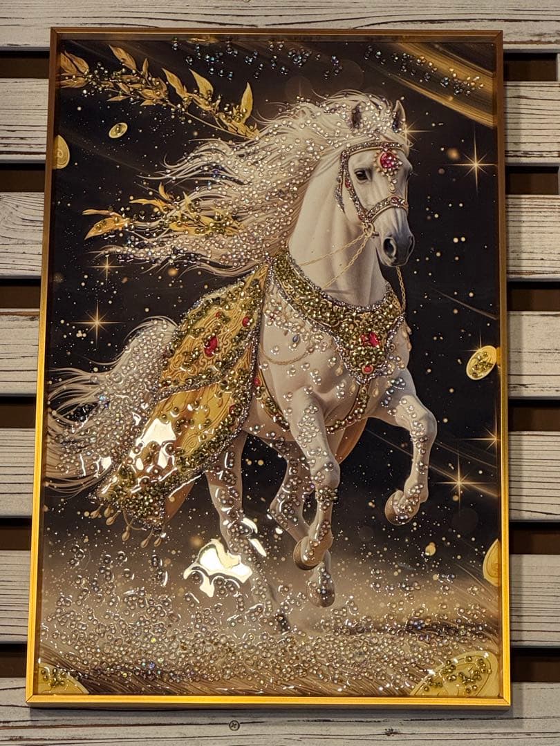 クリスタルアート（水晶画）午年 白馬 金貨 ブラック金運 開運 インテリア 額装