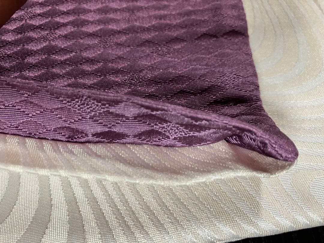 【地紋入高級】金魚模様 正絹 高級半幅帯 リバーシブル 紫 白 クリーム色