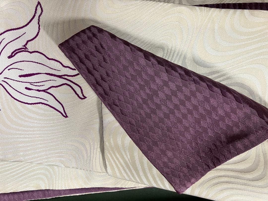 【地紋入高級】金魚模様 正絹 高級半幅帯 リバーシブル 紫 白 クリーム色