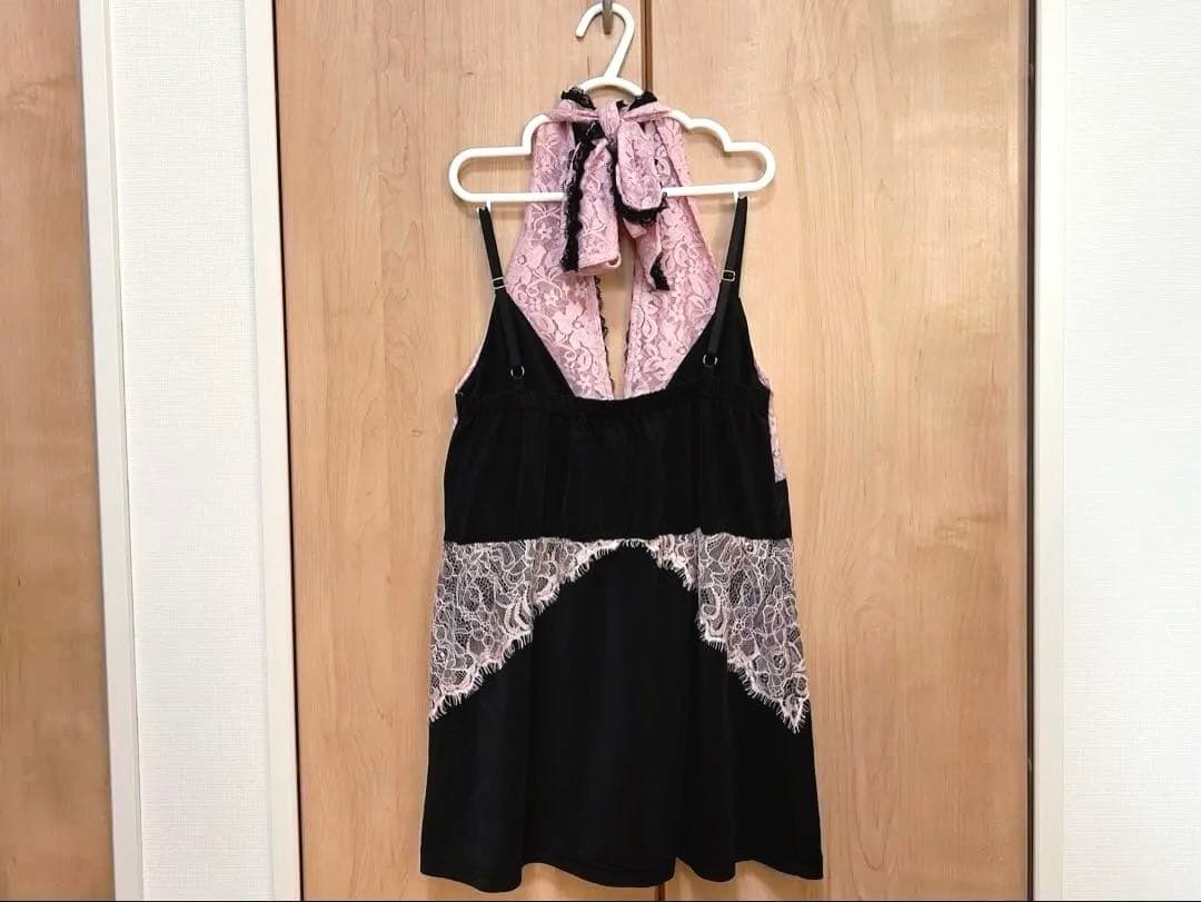 GOLDS♡レースリボン♡ホルターネック♡キャミトップス♡ブラック×ベビーピンク