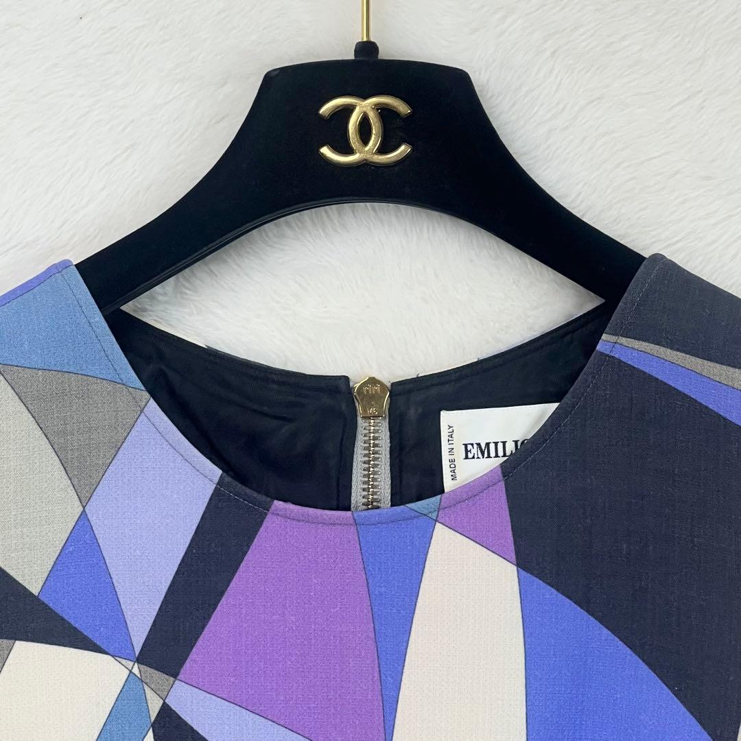 美品【エミリオプッチ】ウールウエストフリルノースリーブワンピース☆幾何学柄☆L