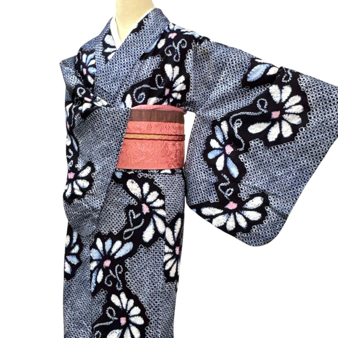 A73有松鳴海絞り 高級浴衣 花 綿　夏着物