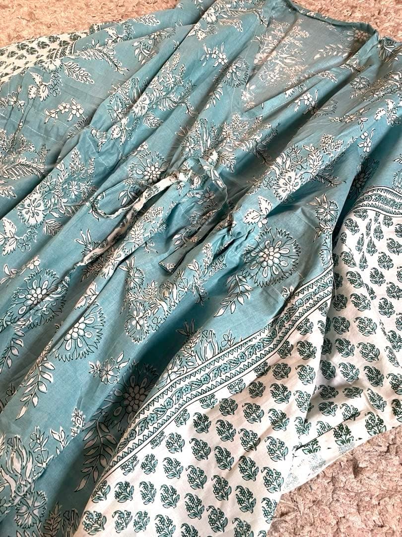 リーフs様　　ショートカフタン　チュニック　くすみターコイズブルー