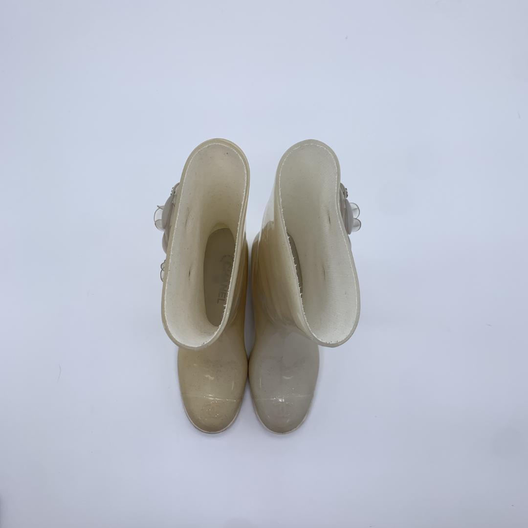 シャネル カメリア装飾 ココマーク ラメ レインブーツ サイズ39 ホワイト