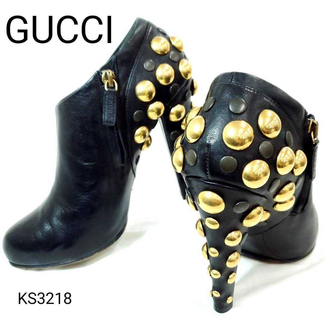 グッチ　美品　スタッズ　サイドジップ　ブーティ　本革　レザー　EU37