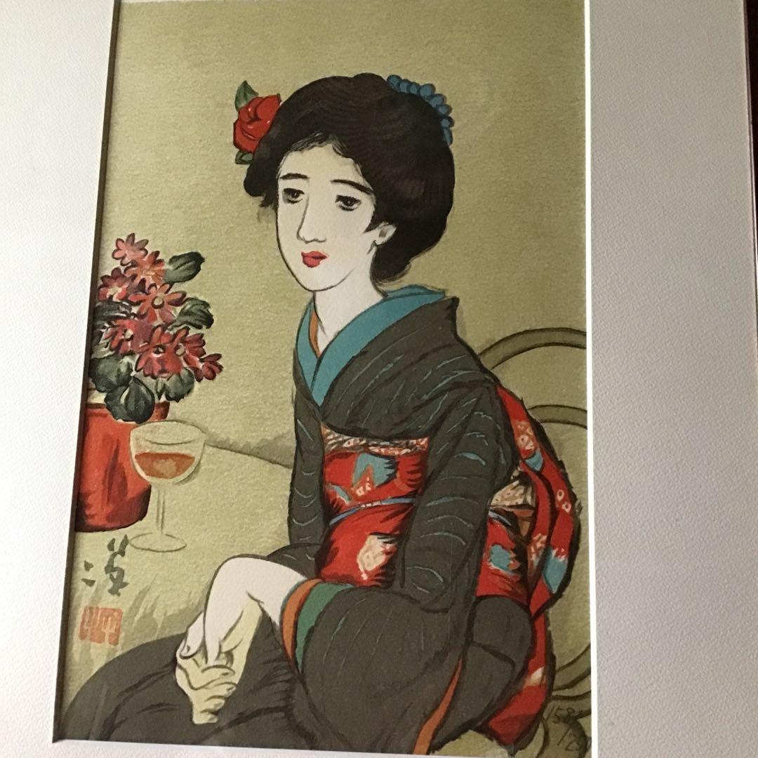 竹久夢二　「椿の髪飾り」　リトグラフ美人版画限定250部158/250