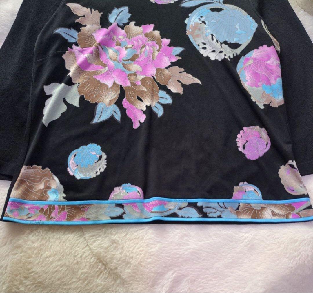 タイムセール【美品】レオナール　カンカン素材　黒　花柄　トリム　ピンク　水色40