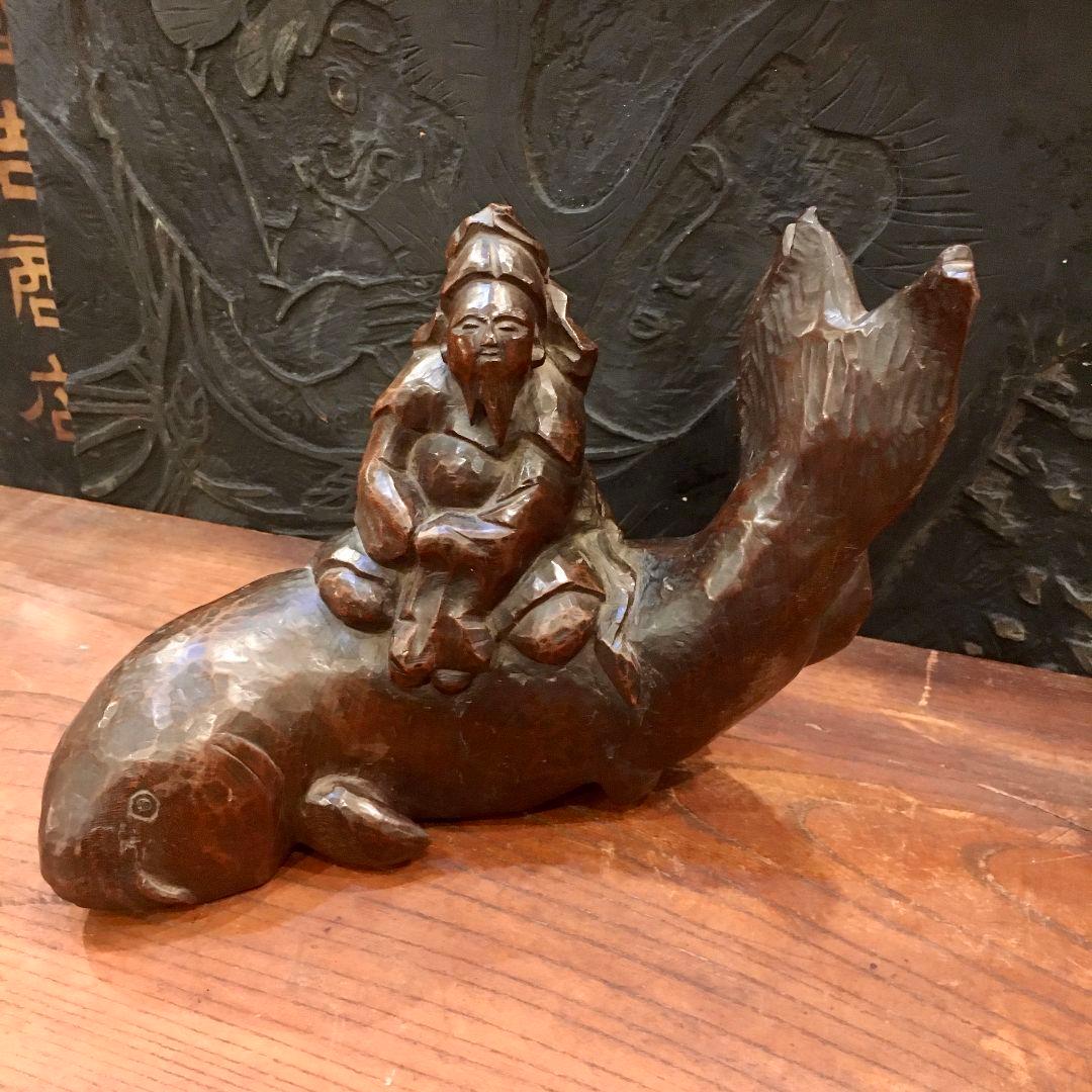 骨董 木彫り像 鯉 仙人