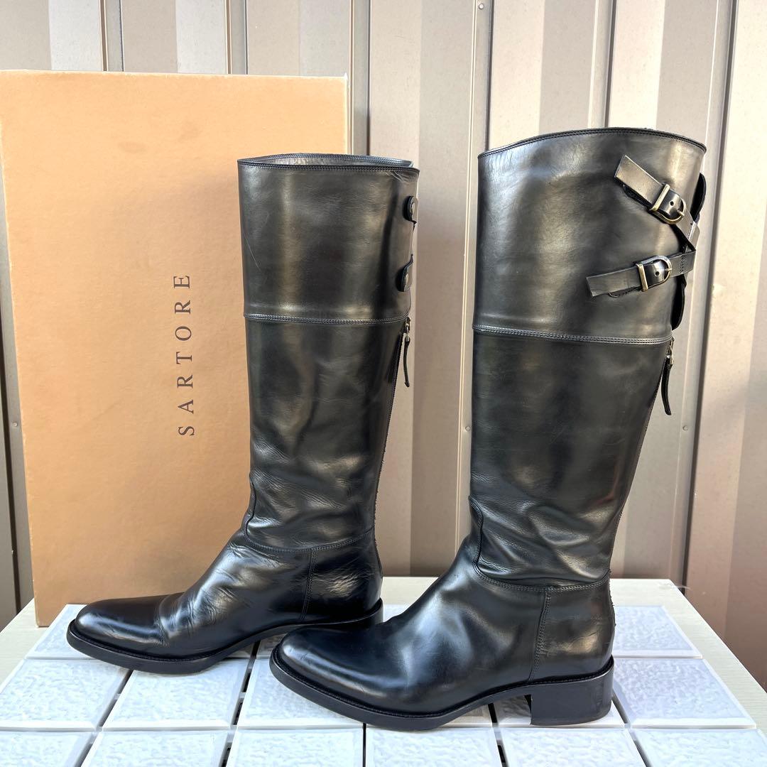 37 SARTORE ダブルベルト　ロングブーツ　黒　レザー　24