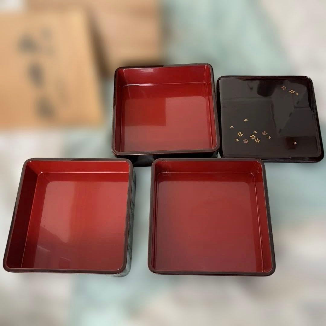 【極美品】輪島塗 三段重箱 蒔絵 梅ちらし 天然木 漆器 共箱付き