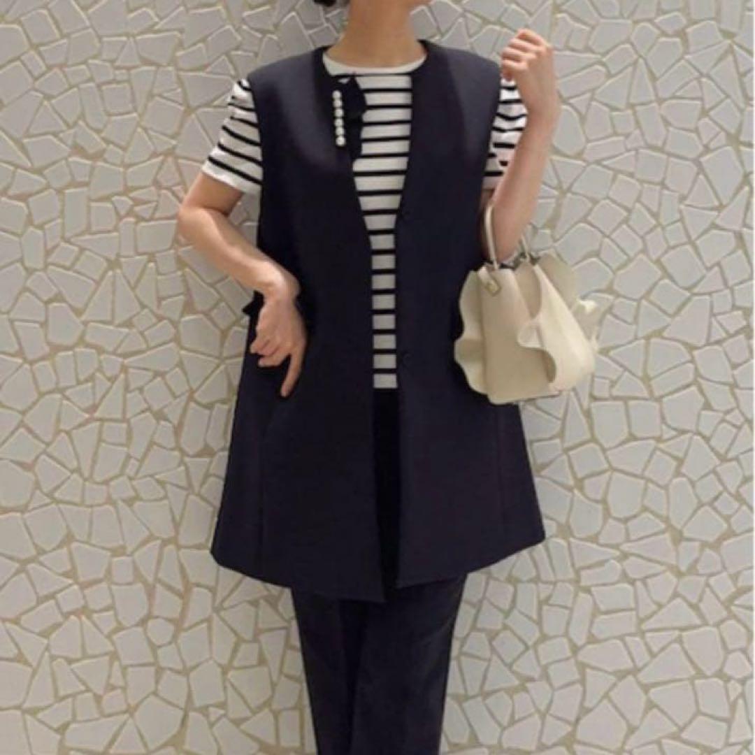 CELFORDセルフォード　フリルパールネックロングジレ ブラック