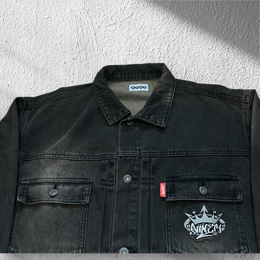 9090 ナインティナインティ キングロゴ刺繍 デニムジャケット グレーXL相当