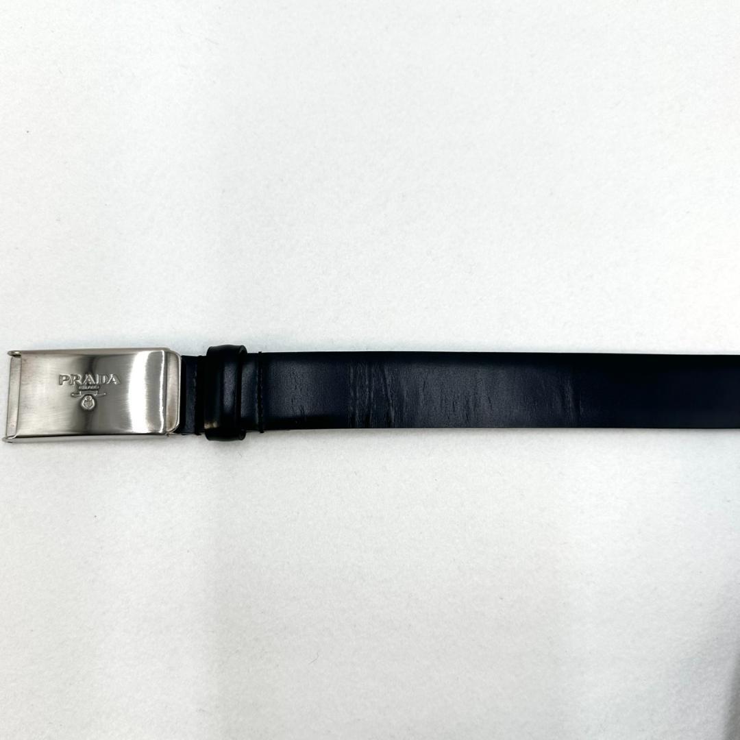 PRADA プラダ ロゴ刻印バックル レザー ベルト シルバー金具 ブラック