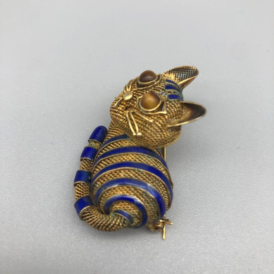 中国骨董品ゴールドメッキブルーエナメルメッシュタイガーアイキャット猫ピンブローチ