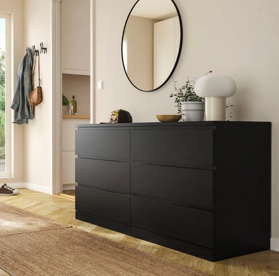 IKEA マルム　黒の木製チェスト 6引き出し