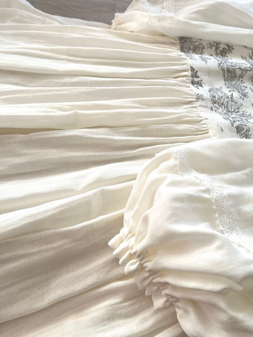 トワルドジュイ柄&ダブルガーゼマキシ丈ローウエストギャザーワンピース。.＊