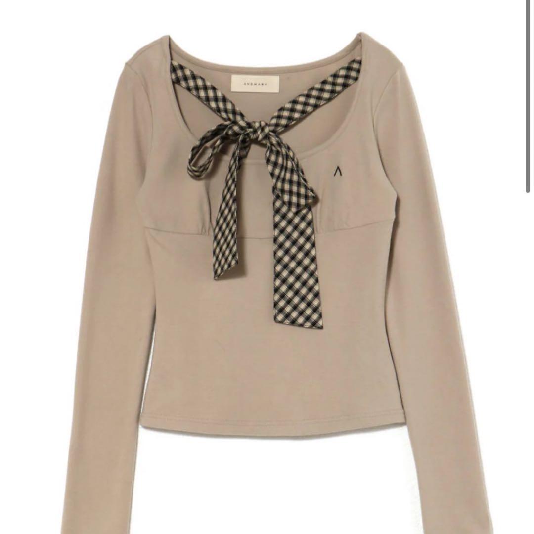 トップス andmary Ami ribbon check tops / beige
