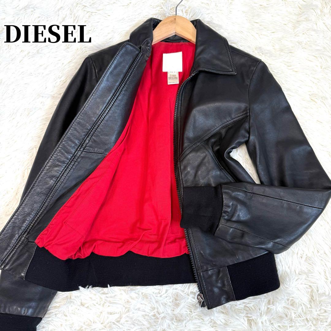 ディーゼル DIESEL 本革 レザージャケット ブルゾン ロゴ刺繍 M