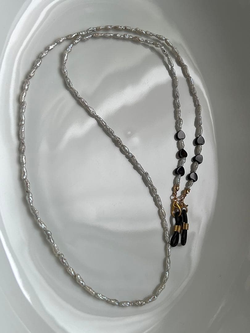 淡水パール　黒メノウ　ハート　マスク　メガネ　チェーン　2way