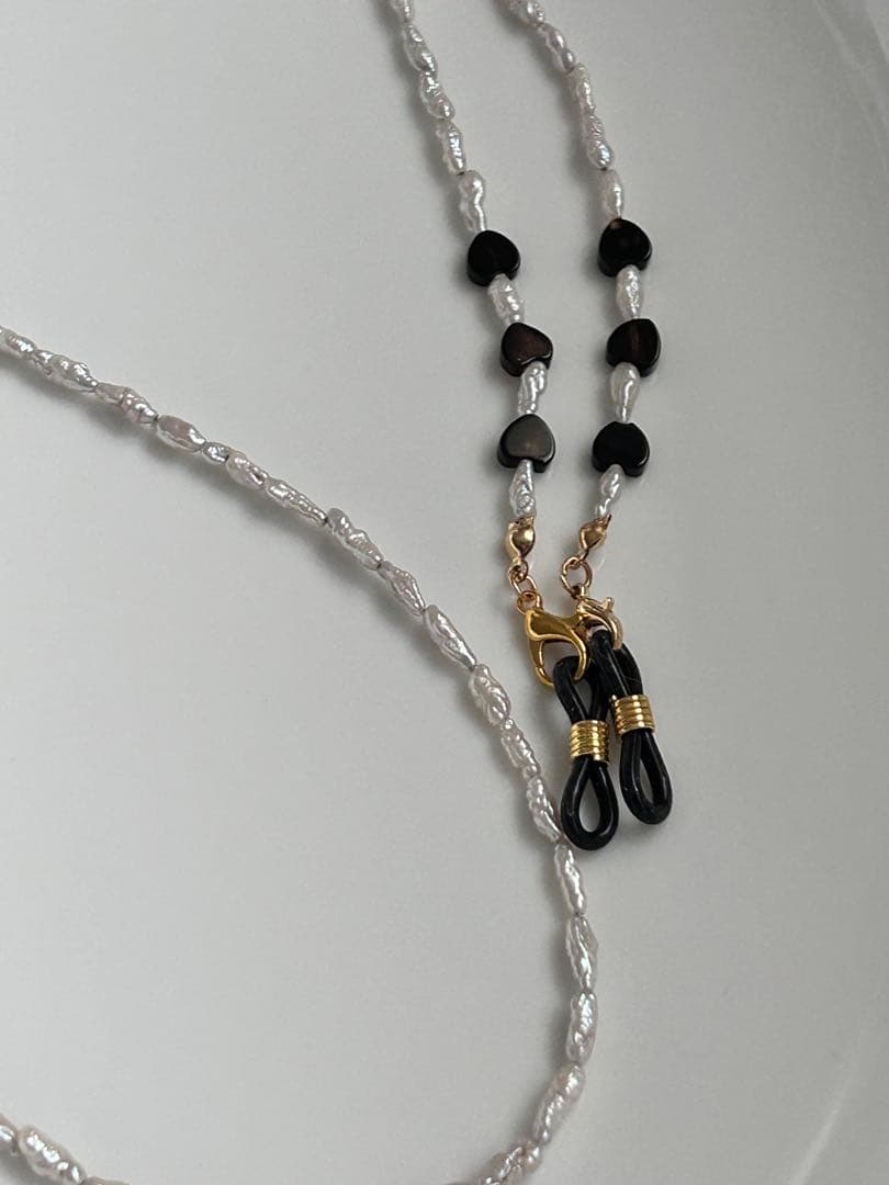 淡水パール　黒メノウ　ハート　マスク　メガネ　チェーン　2way