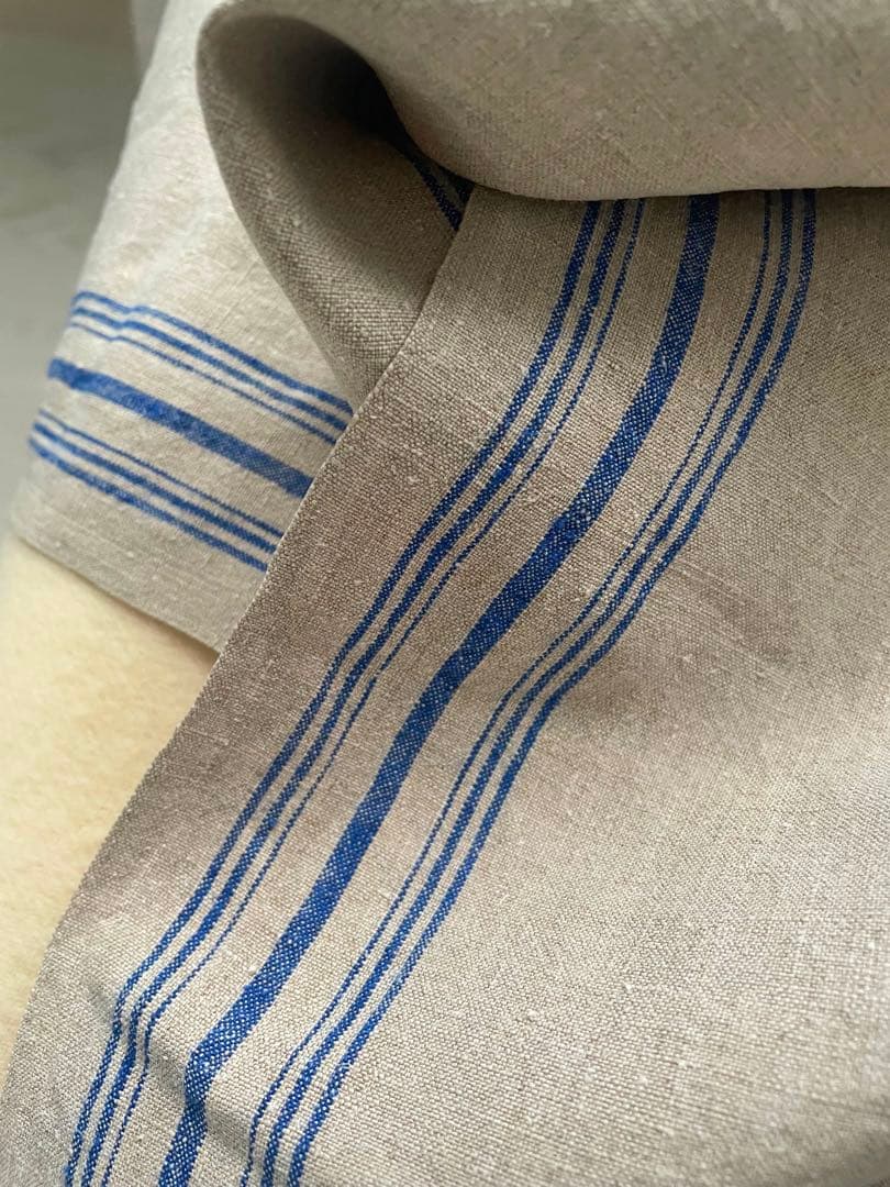 希少　フランスアンティークリネン　麻生地　クロス　綺麗ブルーライン　70×152