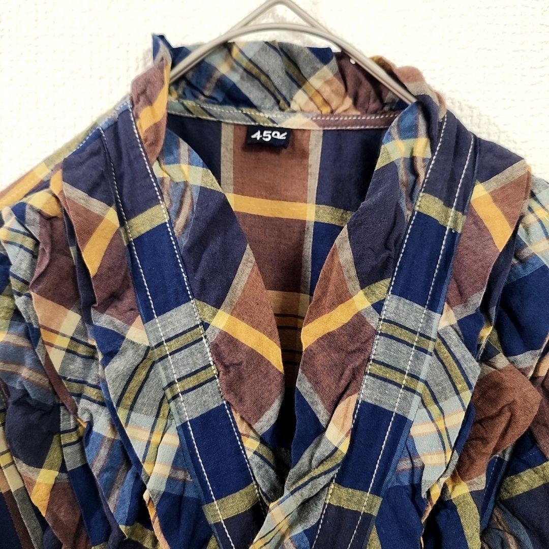 美品✨　45R インド麦平のマドラスフリルカシュクールブラウス　マドラスチェック