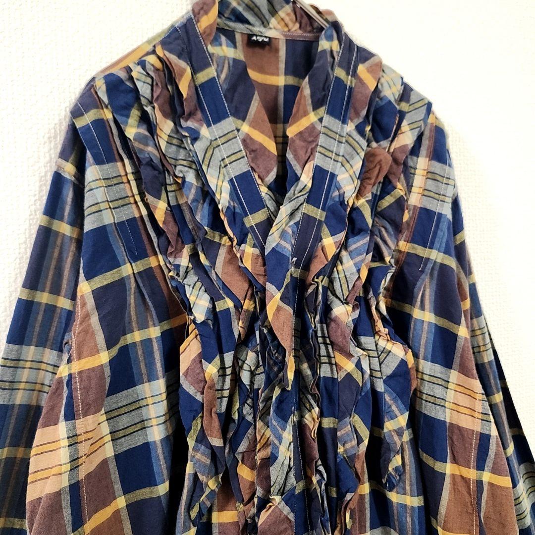 美品✨　45R インド麦平のマドラスフリルカシュクールブラウス　マドラスチェック