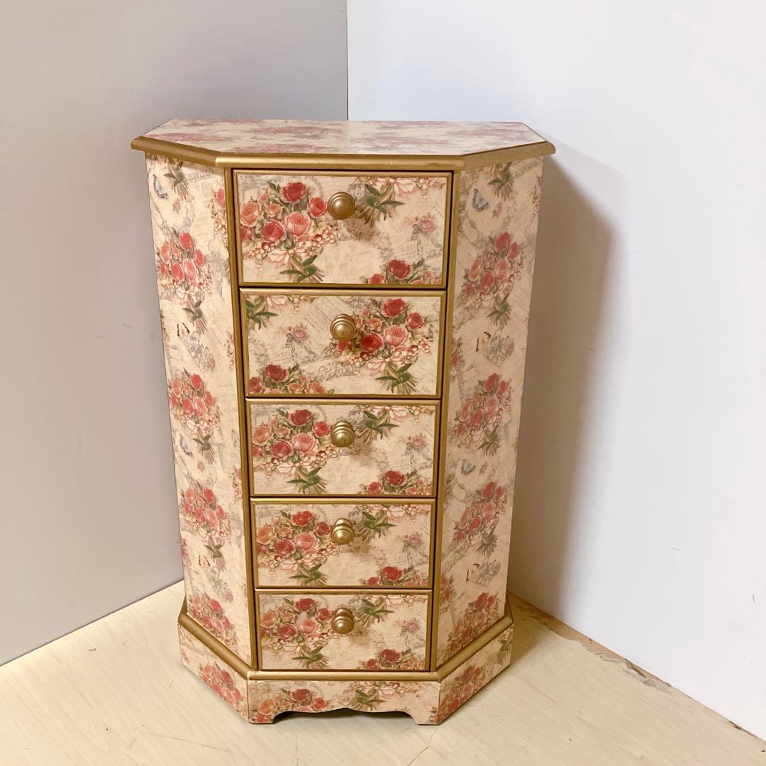 アンティーク調　5段チェスト　花柄　サイドチェスト　コンソール　飾り棚