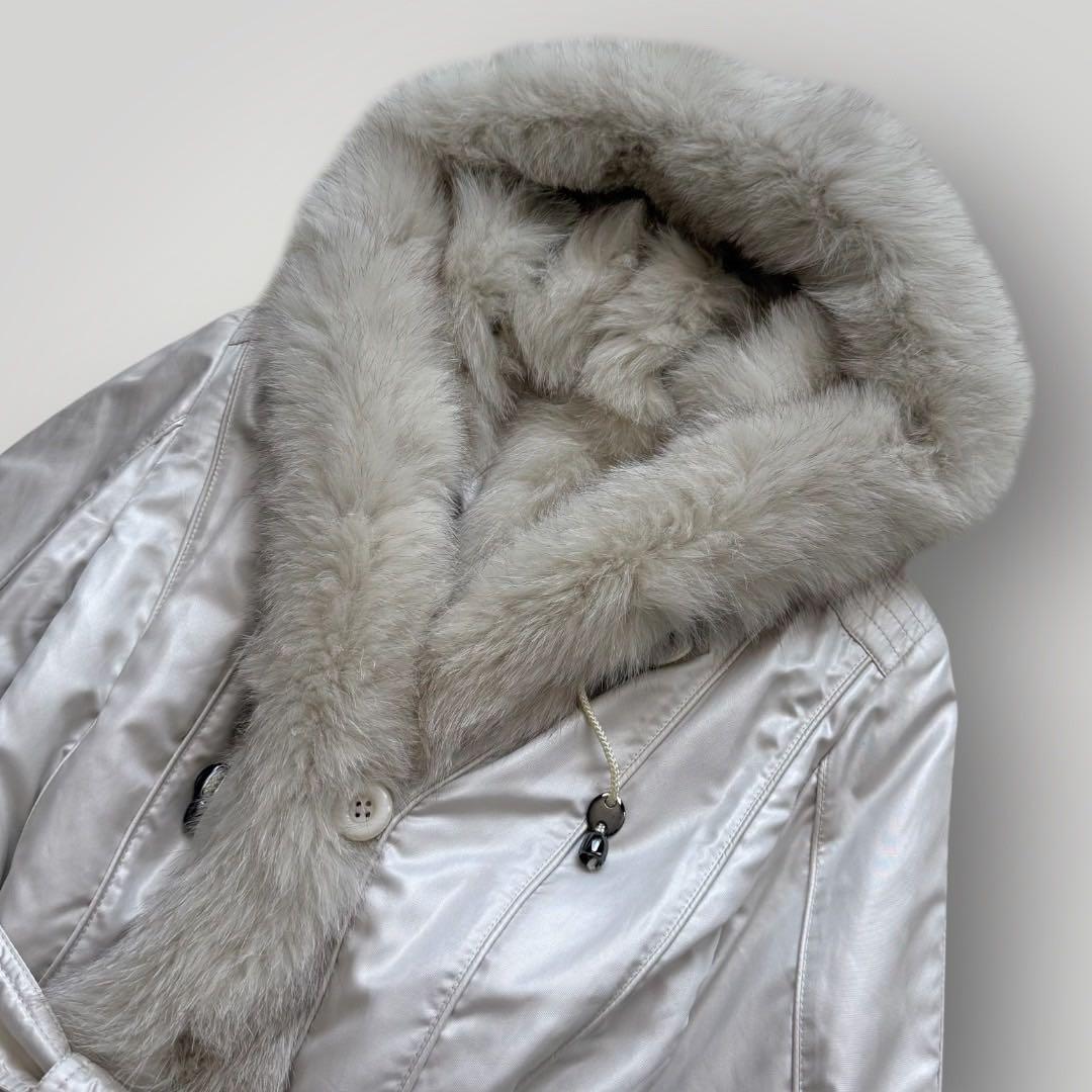 美品 ブルーフォックス フード ロングコート 毛皮 ベルト トレンチ ホワイト