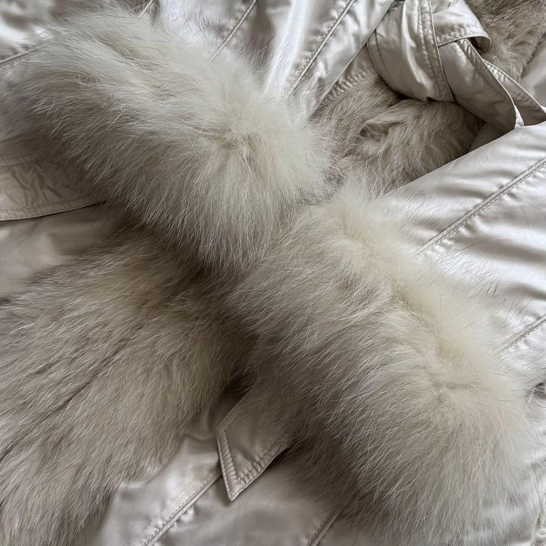 美品 ブルーフォックス フード ロングコート 毛皮 ベルト トレンチ ホワイト