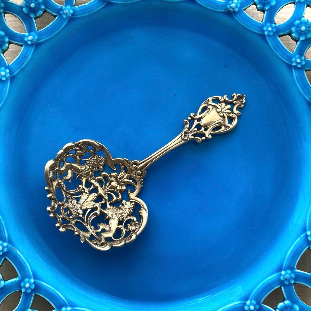 純銀鍍金　透かし王冠ライオン　ナッツスプーン