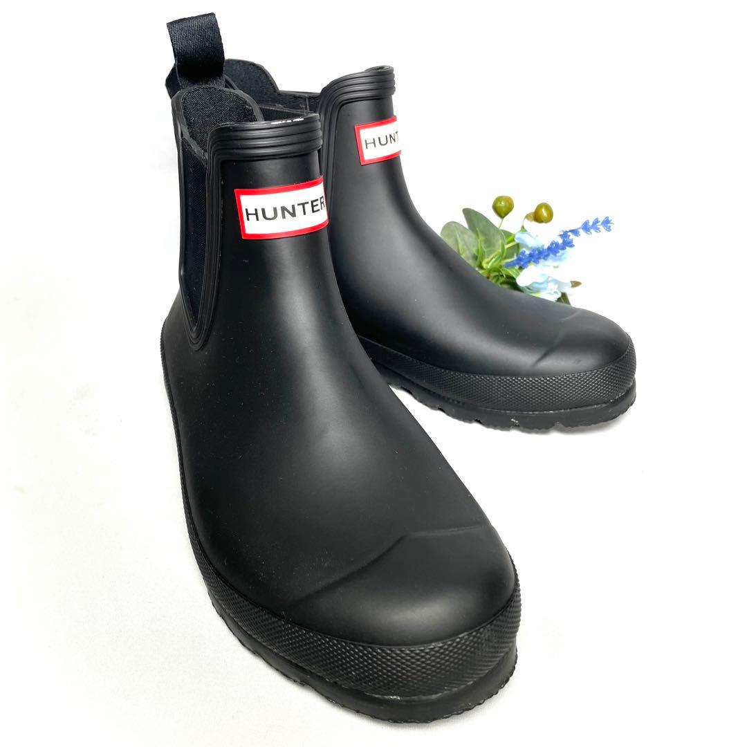 【美品】ハンター　レインブーツ　ショートブーツ　サイドゴアブーツ　黒　ロゴ