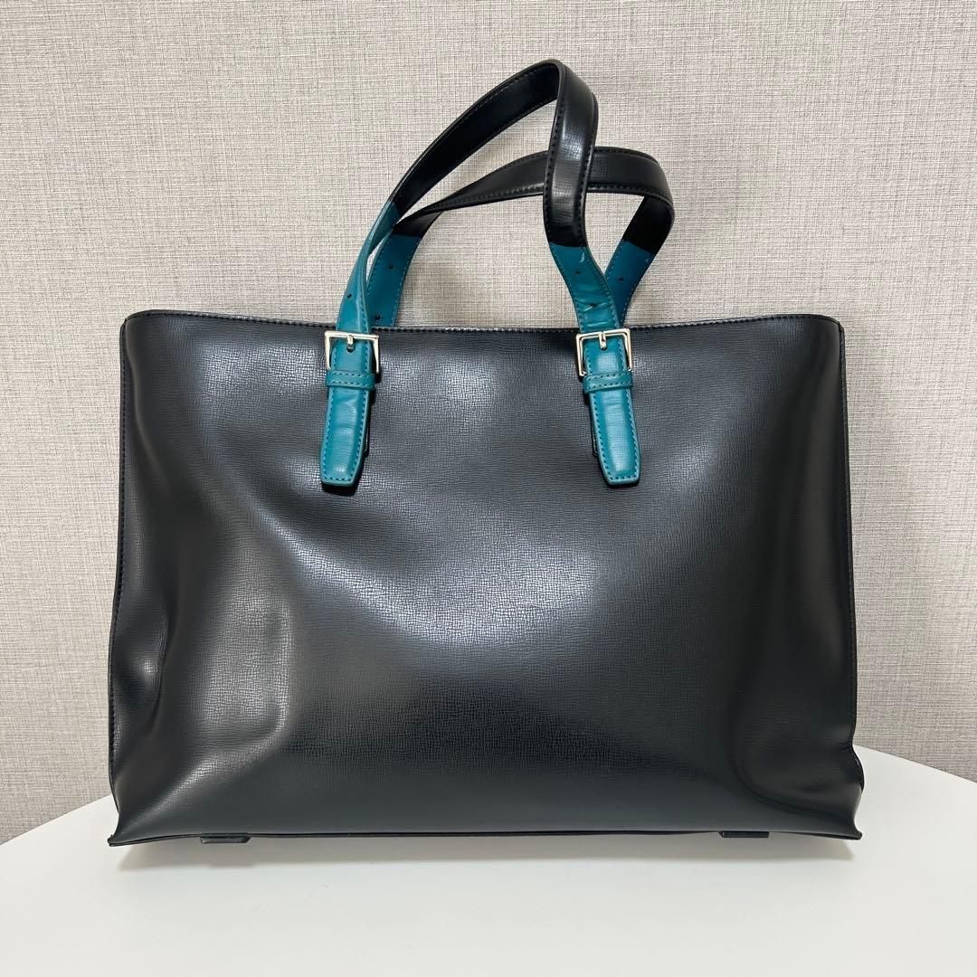 ポールスミス トートバッグ 黒×ターコイズ 本革 ビジネスバッグ A4収納可