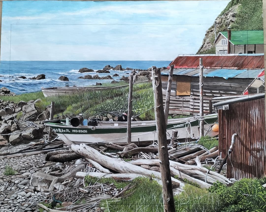 特価　浜の風景 水彩画　F30号(72.7✕91cm)