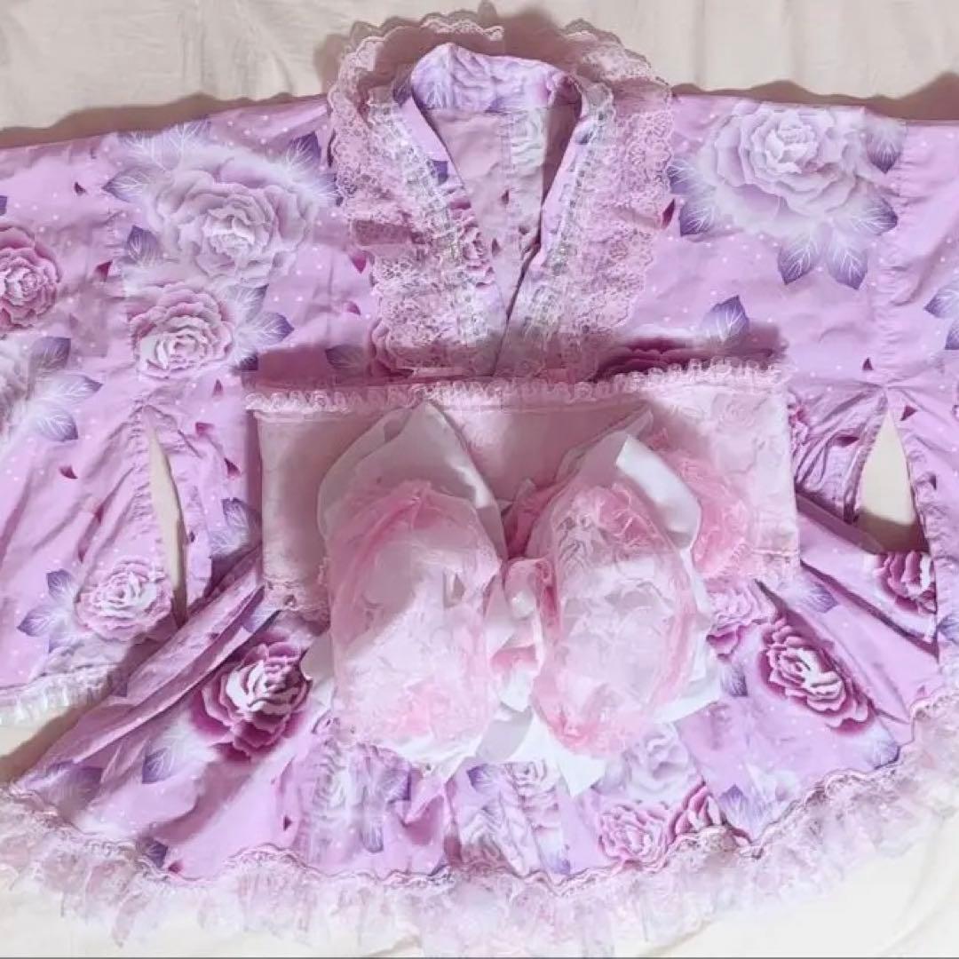 ドレス浴衣 ピンク バラ セパレート フリル ミニ浴衣 量産型 地雷系 ギャル